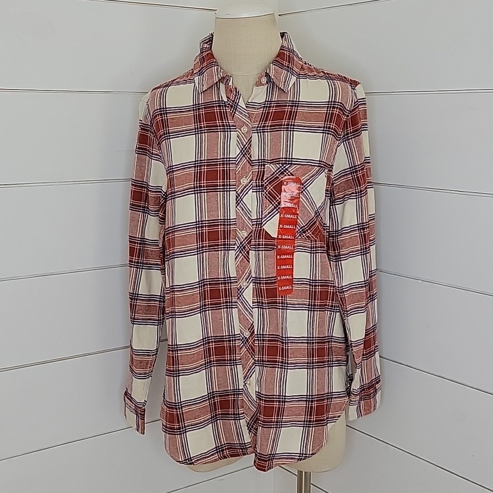 NWT GAP XS rust purple cream plaid flannel. Relaxed fit. - Picture 1 of 6